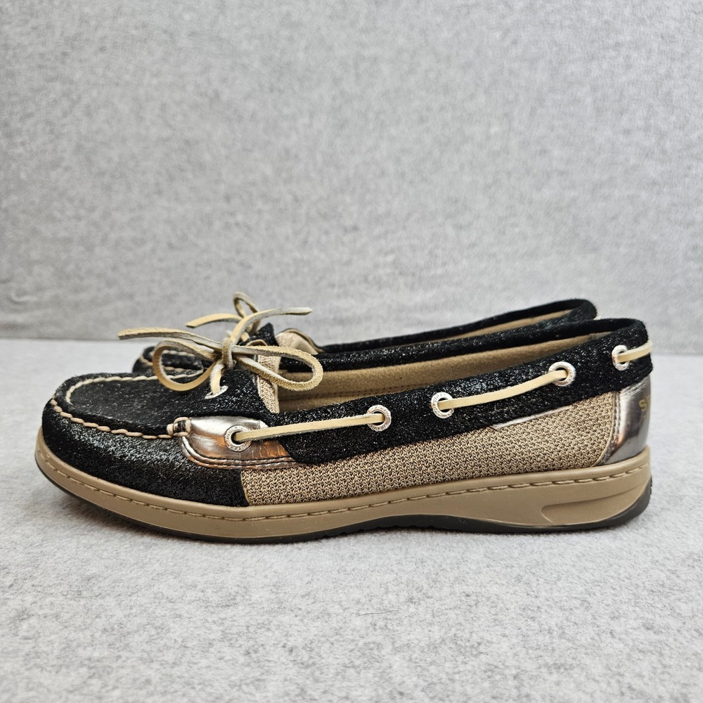 SPERRY TOP-SIDER Boat Shoes Women 8M Black Glitter Metallic Nautical Preppy